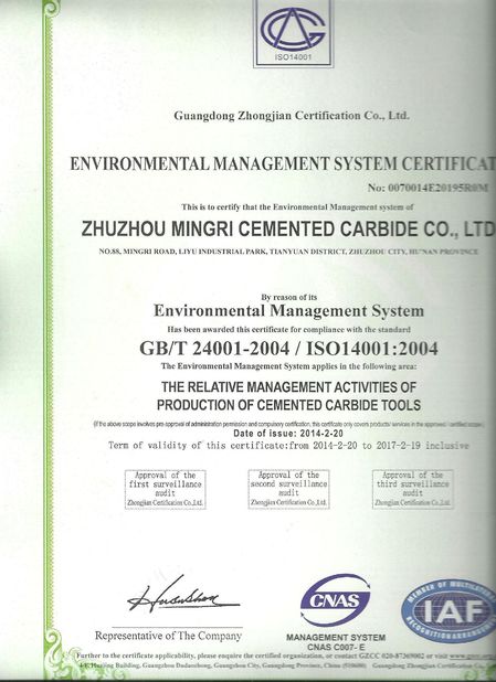 China Zhuzhou Mingri Cemented Carbide Co., Ltd. certificaciones
